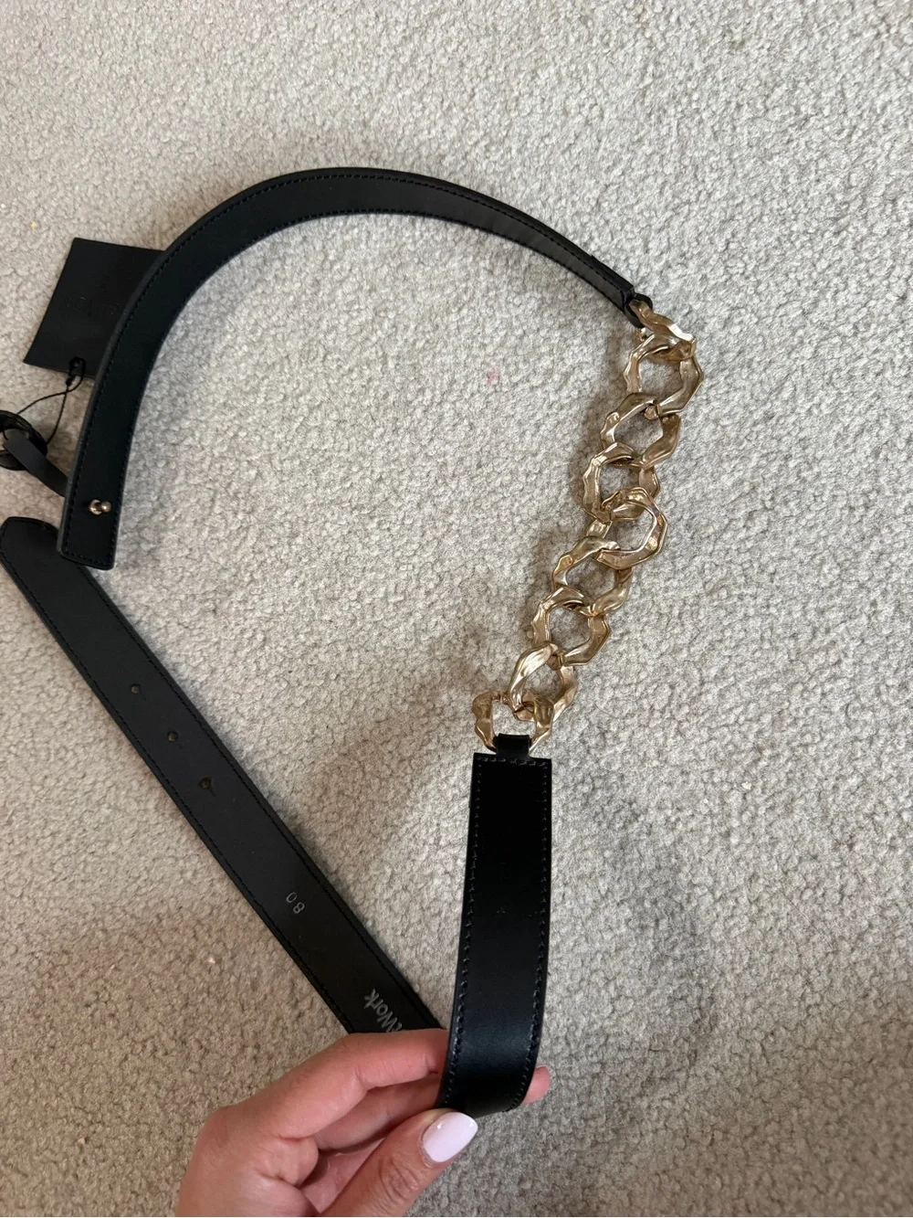 Black Leather Chain Accent Women’s Belt - Gold Hardware